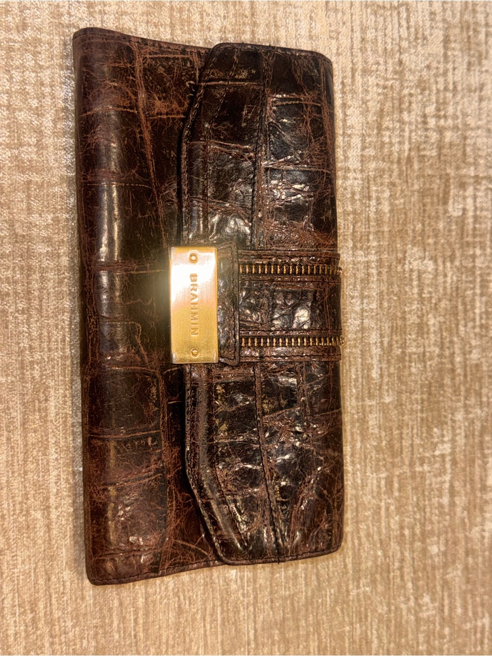 Brahmin Dark Brown Croc-Embossed Leather Flap Wallet with Gold Plaque - Picture 3 of 6